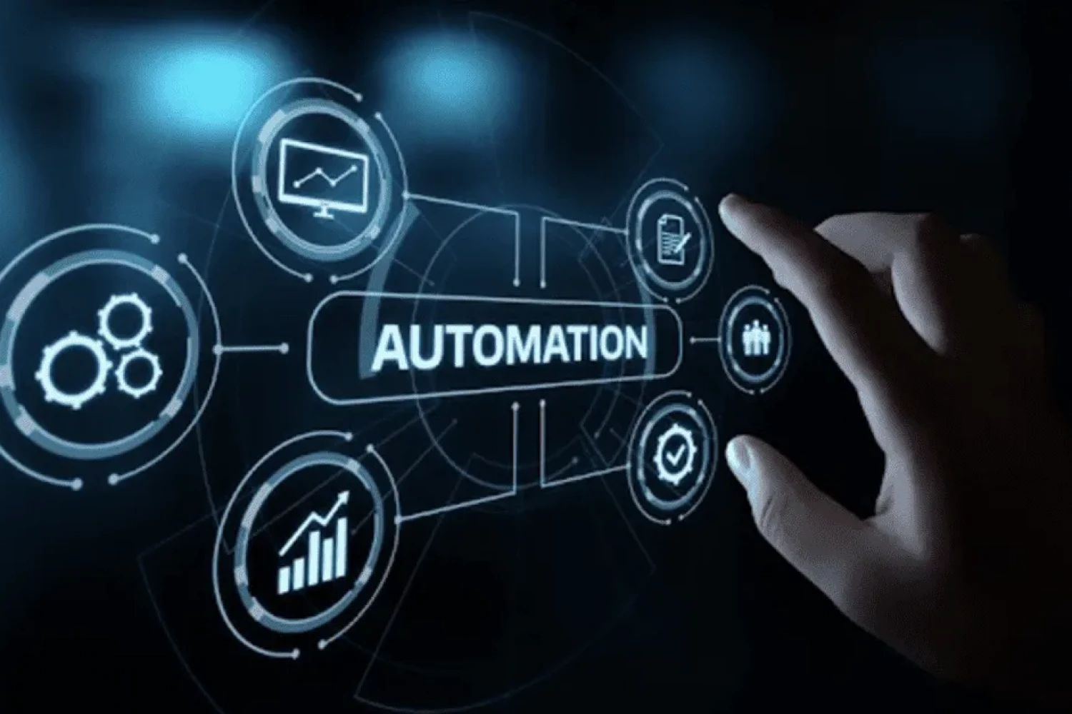 A finger touching icons on a virtual screen