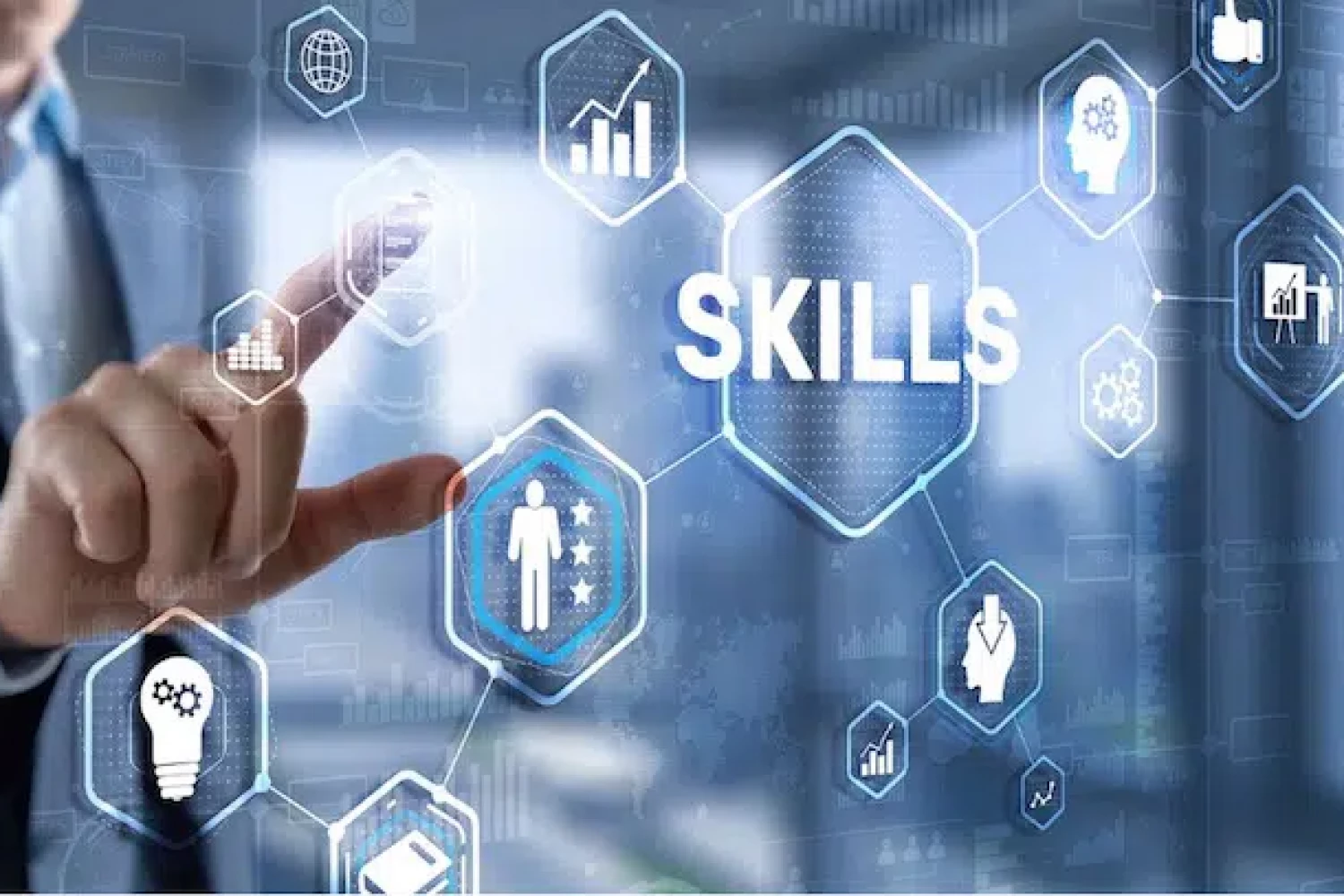 Man pointing at virtual screen with different icons