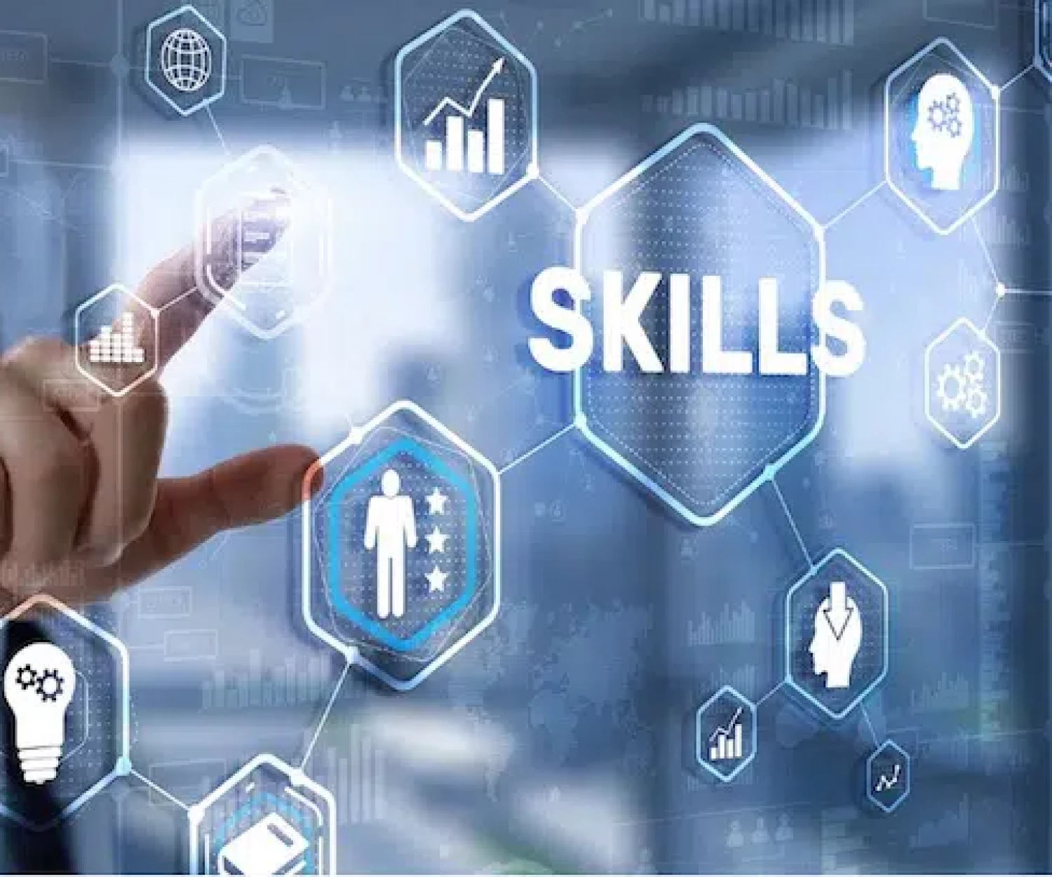 Man pointing at virtual screen with different icons